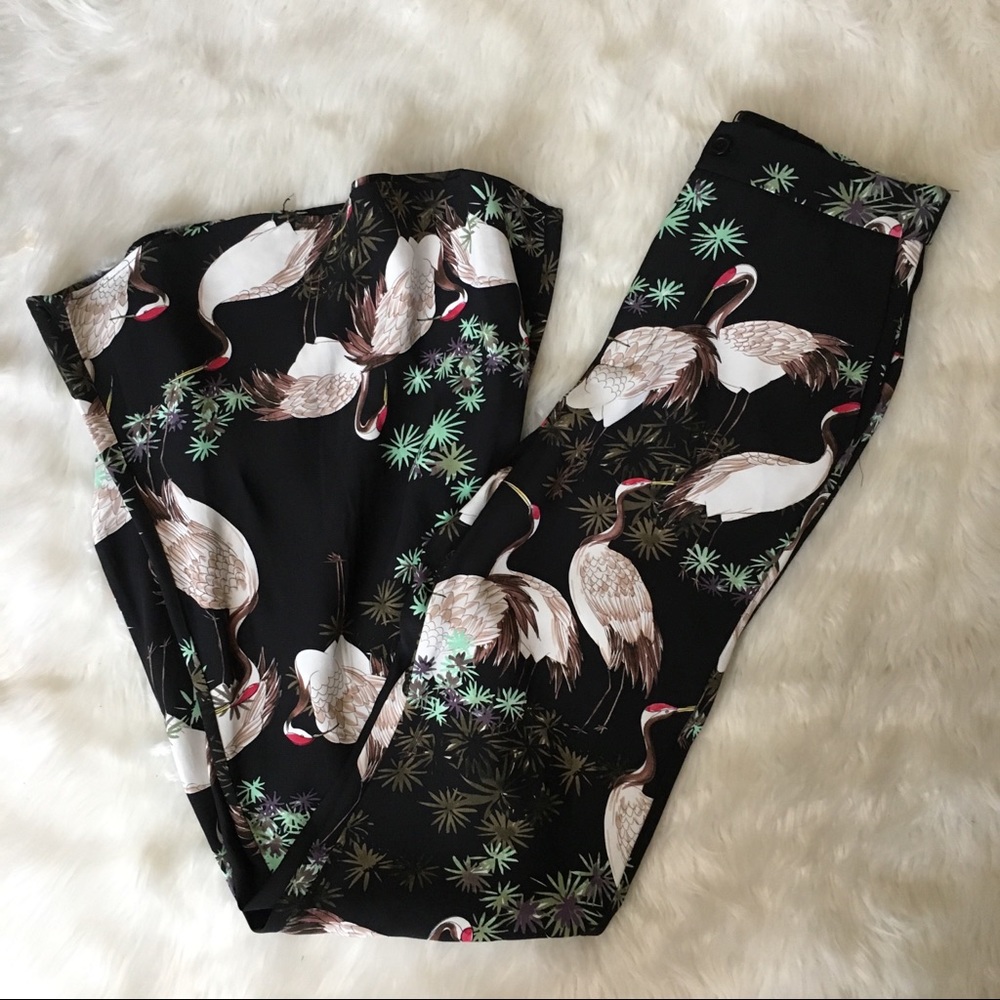 Zara Crane Bird Print Wide Leg Trousers Pants - Picture 6 of 7